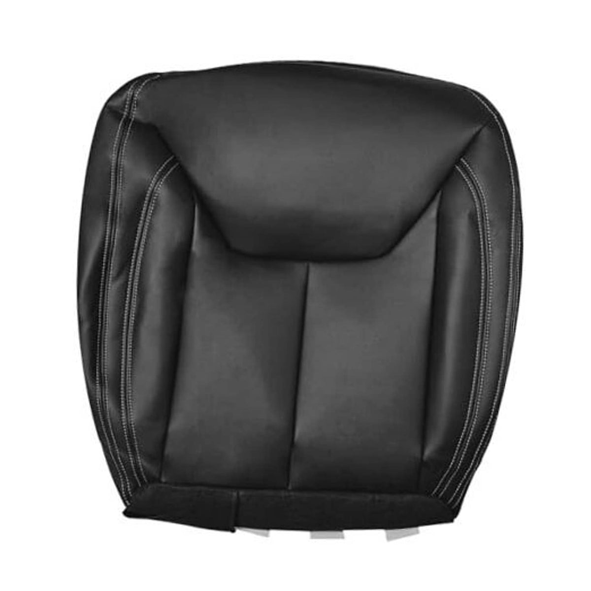 Black leather front driver seat cover with double-stitched edges and panel seams