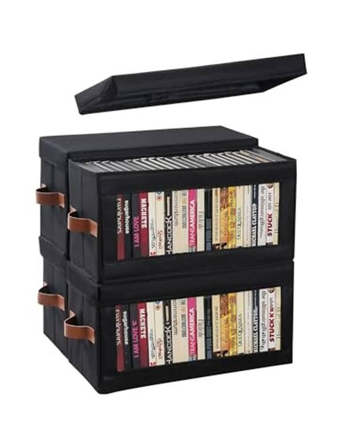 Black dustproof DVD storage box with clear window, lid open, brown strap handles