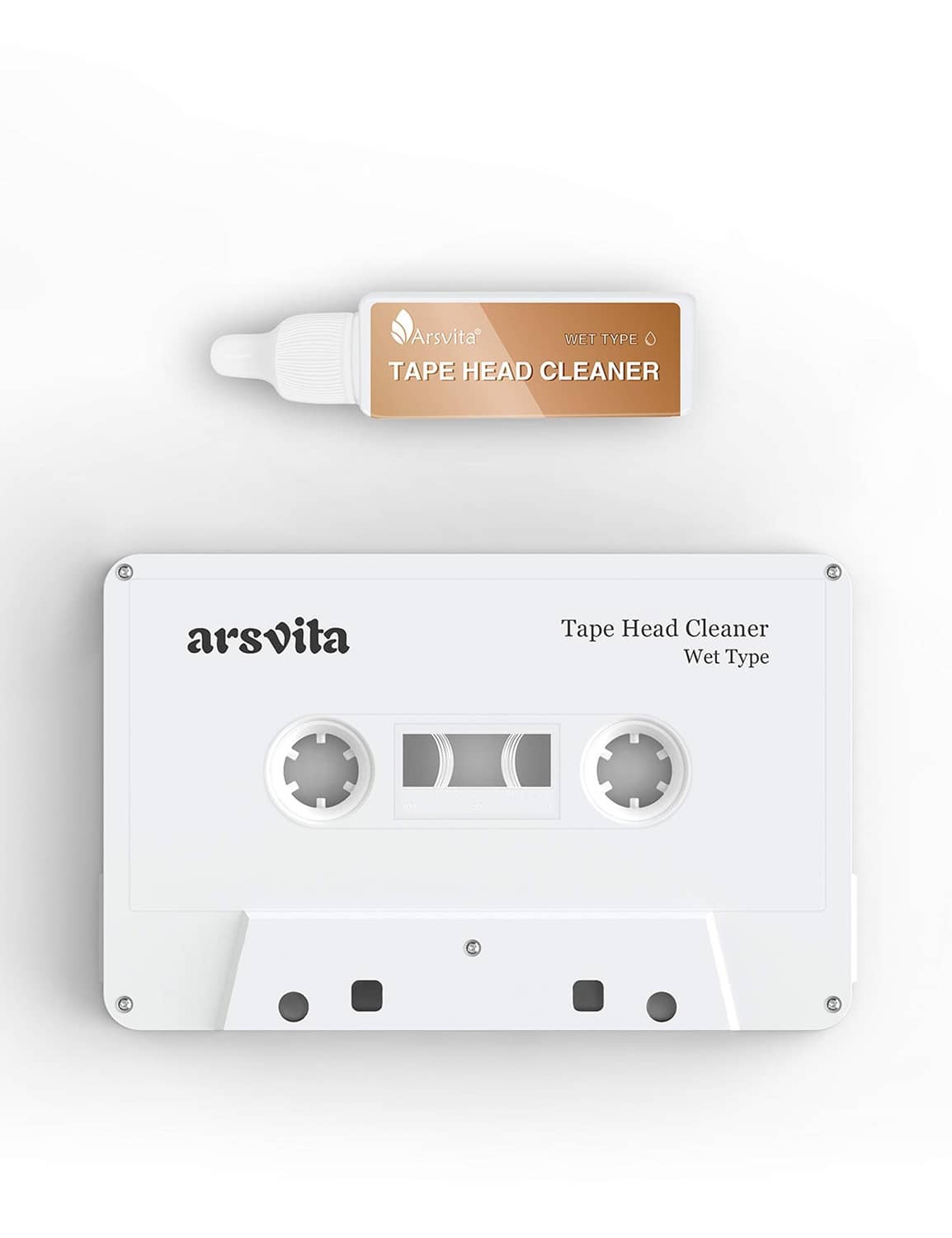Cassette head cleaner device with center slot and orange applicator bottle