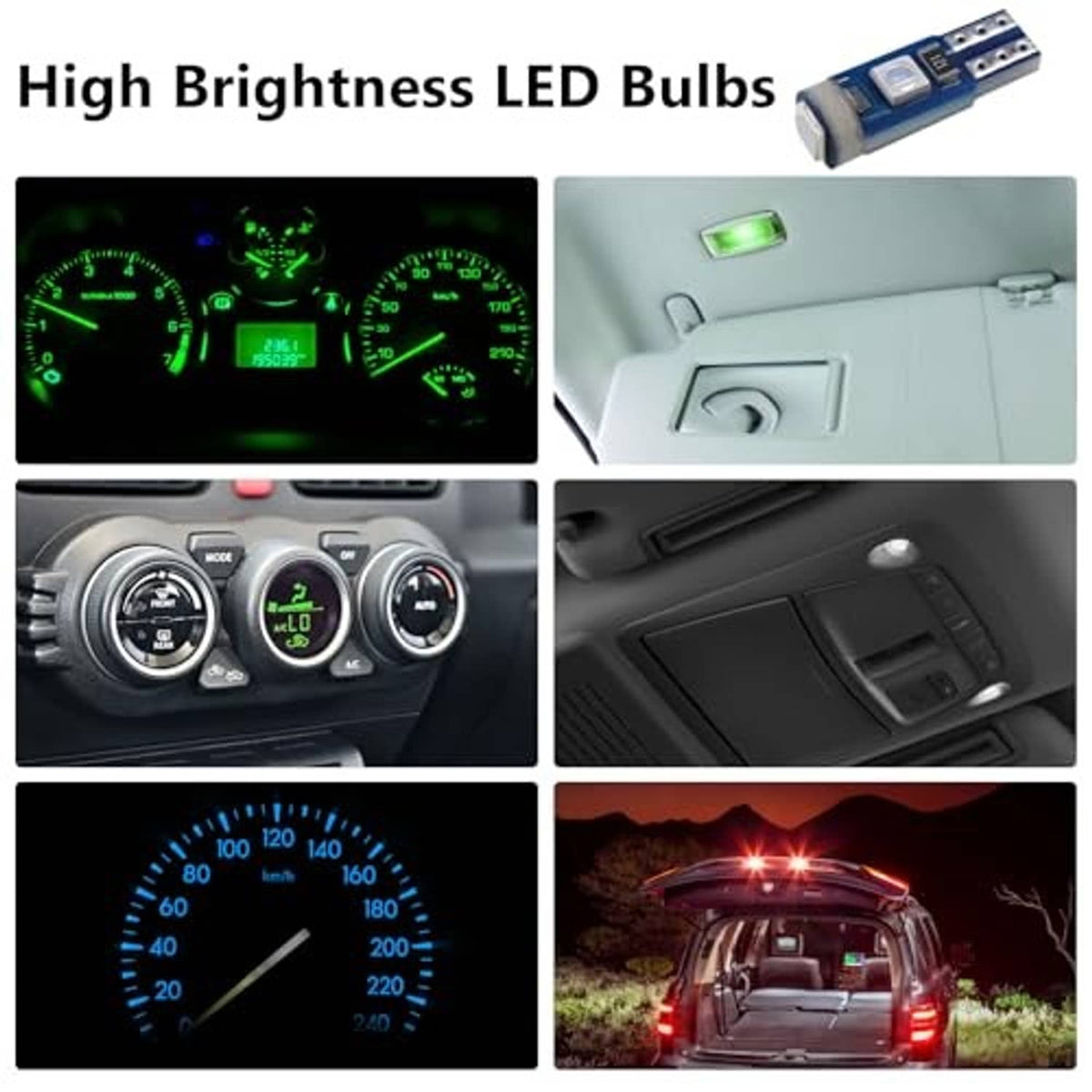 Green high-brightness T5 LED bulb lighting collage with instrument gauges and bulb thumbnail.