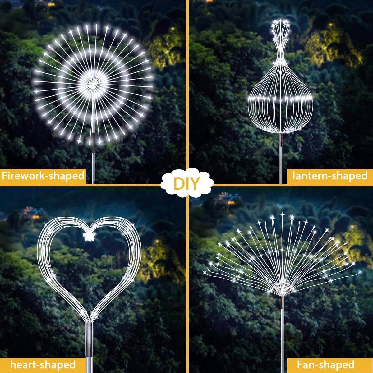 Set of solar firework stake light shapes: fan, heart, lantern, and firework