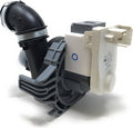 Dishwasher drain pump assembly with black hose outlet and beige electrical connector