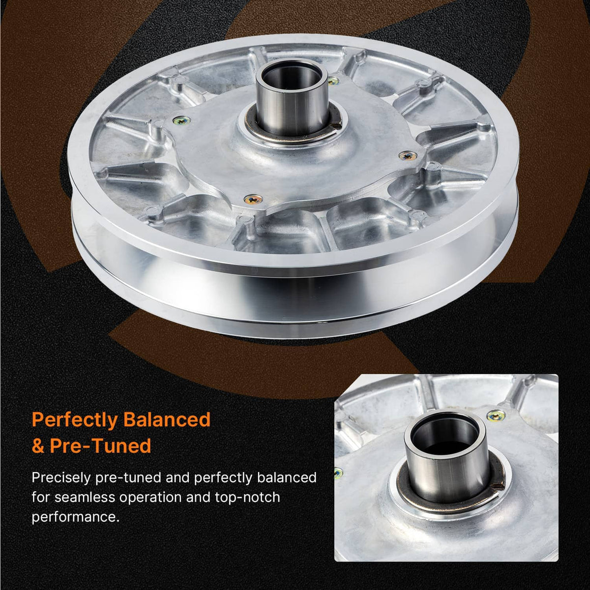 Aluminum clutch pulley with center shaft opening, silver metal