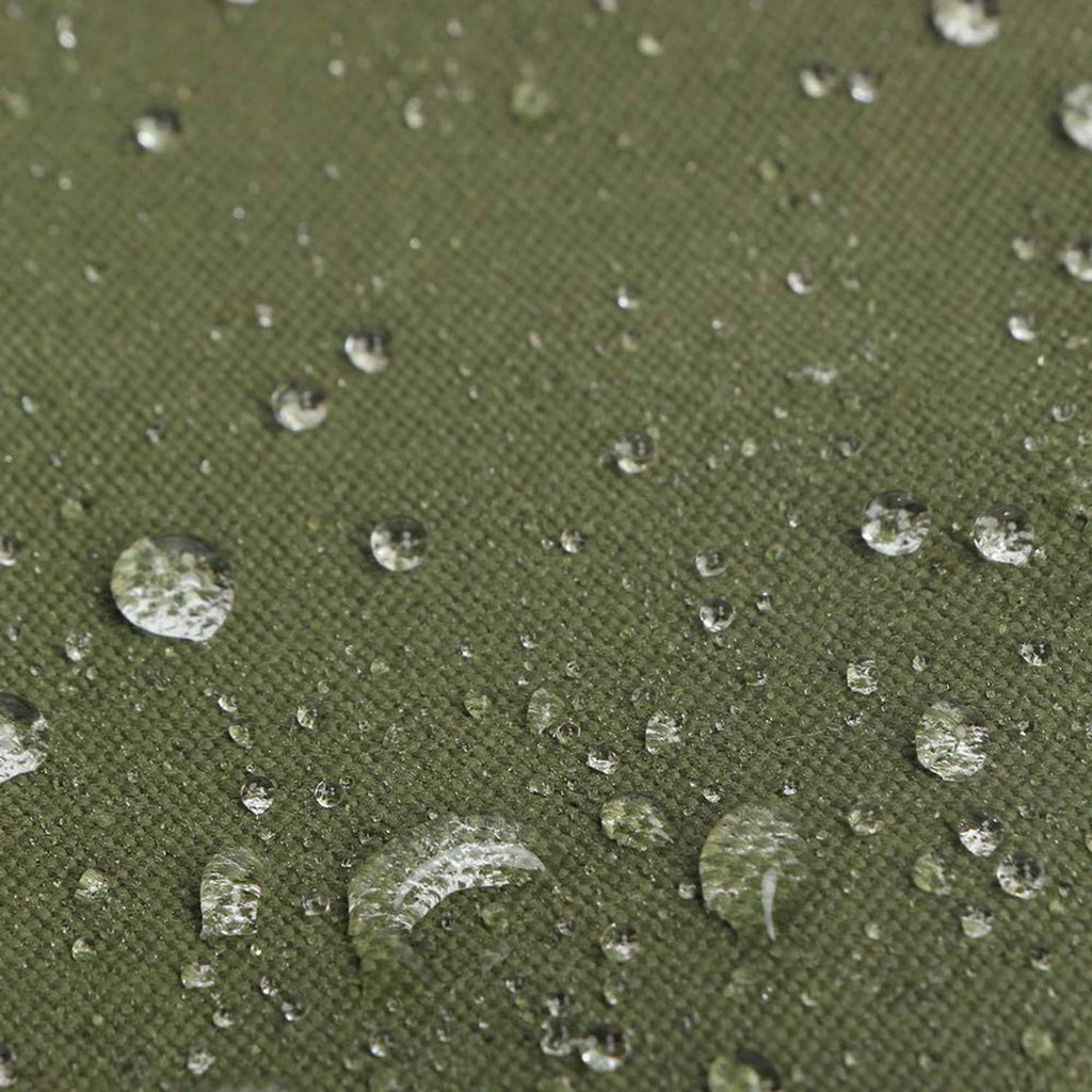 Water-resistant olive green canvas fabric texture with droplets