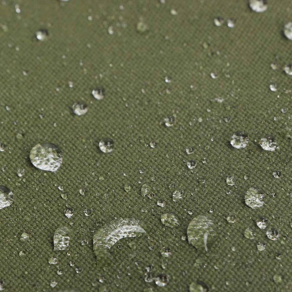 Water-resistant olive green canvas fabric texture with droplets
