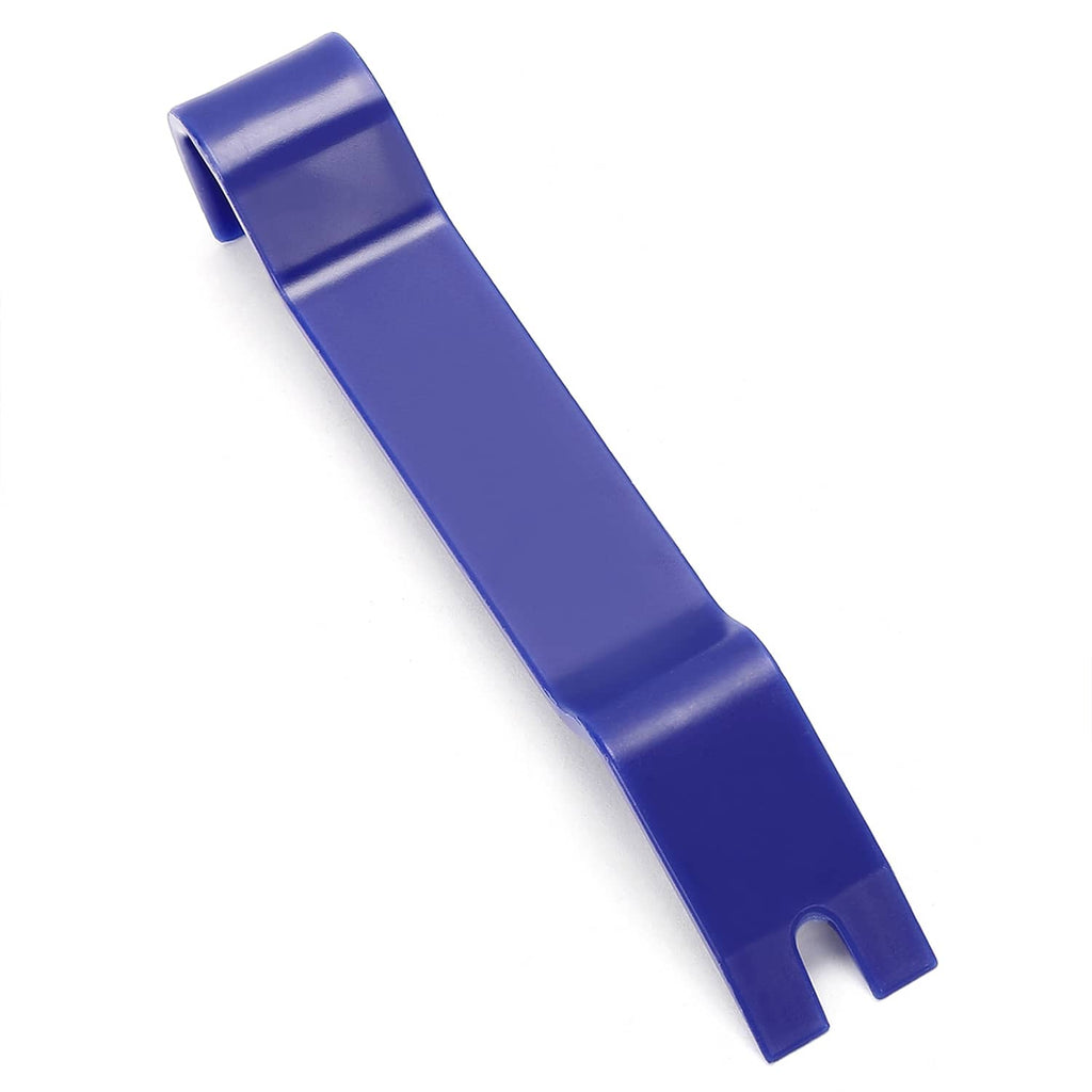 Single blue plastic trim removal clip with base lip and center notch