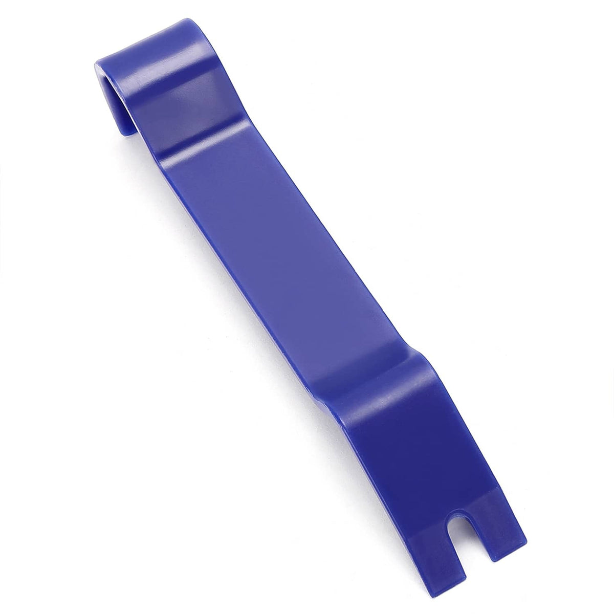 Single blue plastic trim removal clip with base lip and center notch