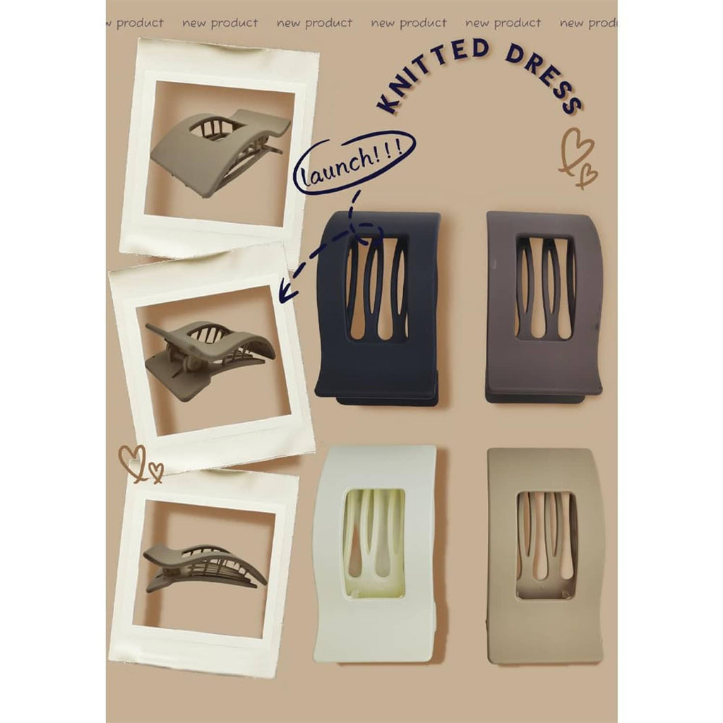 Square flat claw hair clips set of four in black, taupe, beige, and cream on display cards