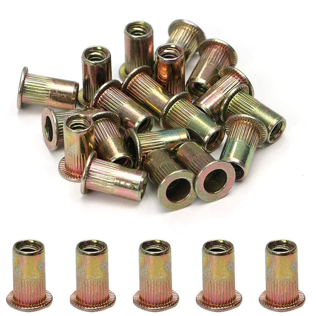Gold threaded rivet nuts, 3/8-16 inserts, mixed pile and upright single pieces