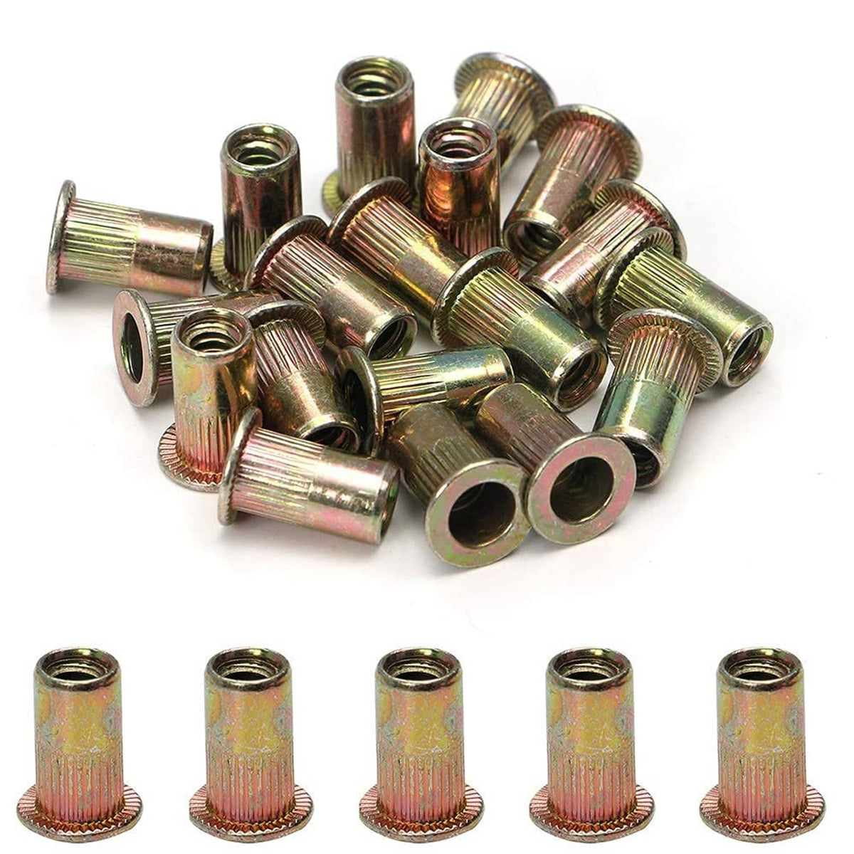 Gold threaded rivet nuts, 3/8-16 inserts, mixed pile and upright single pieces