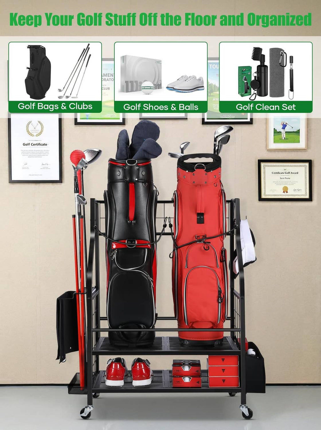 Golf bag storage rack with black and red bags, club heads, and cubby shelves