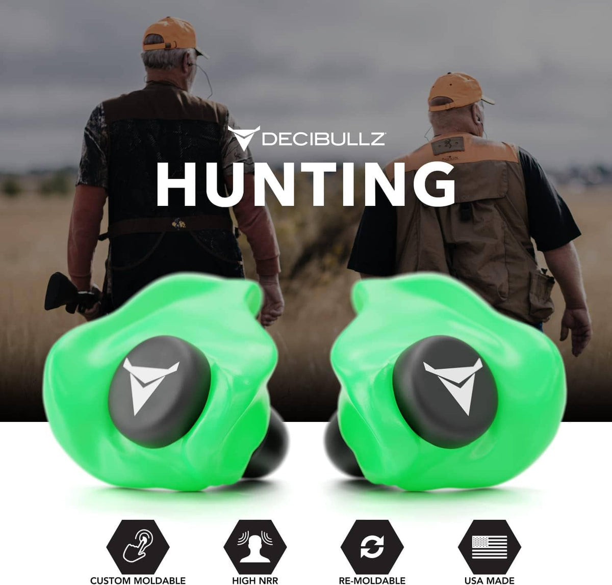 Pair of green earplugs with black case icons shown in a set