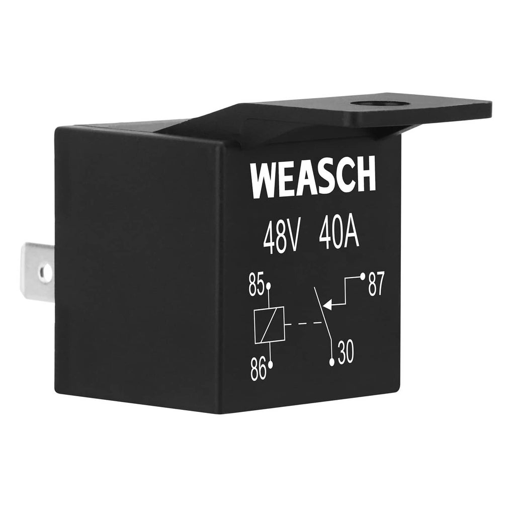 Black Weasch 4-pin relay, 48V 40A marking and wiring diagram on side