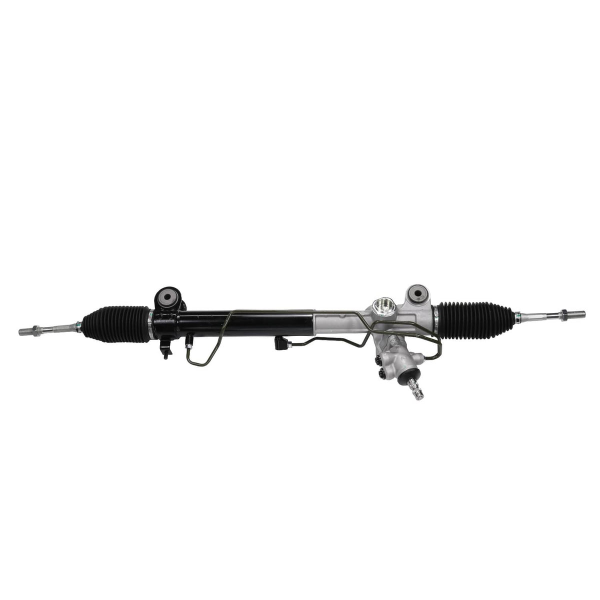 Power steering rack and pinion assembly, centered housing with two black rubber boots