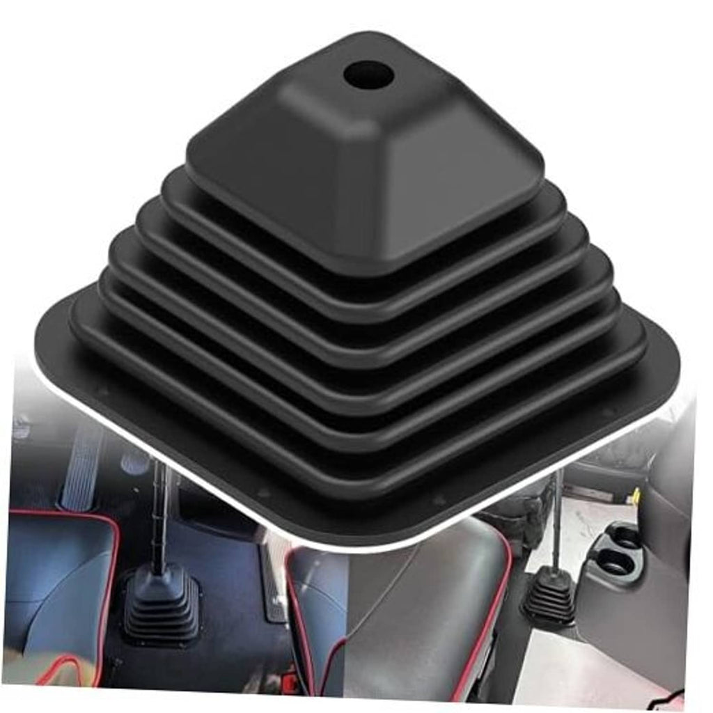Black rubber shift boot with ribbed sides and round opening, installed on a vehicle cab