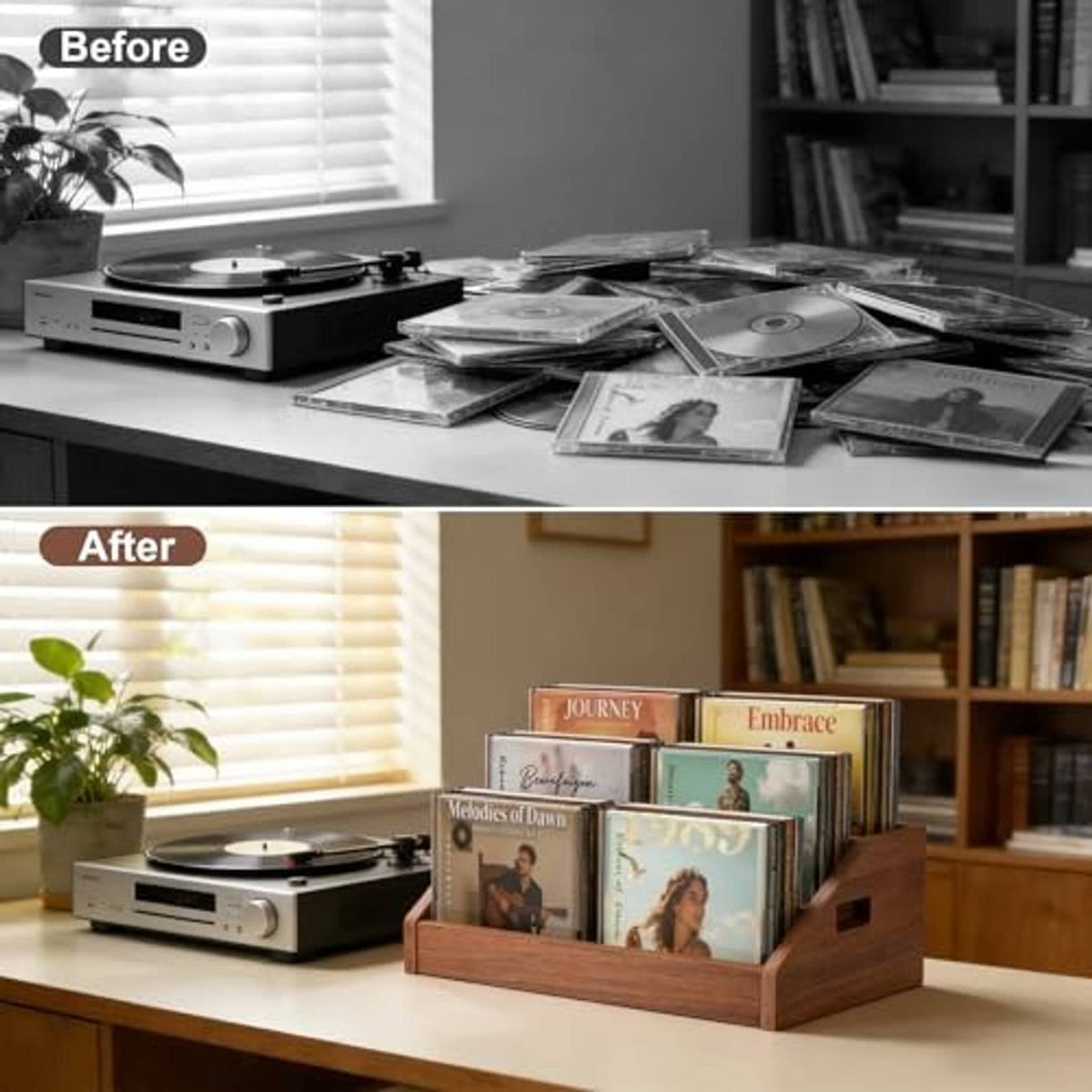 Brown wooden 3-tier CD/DVD rack used on a shelf near a turntable