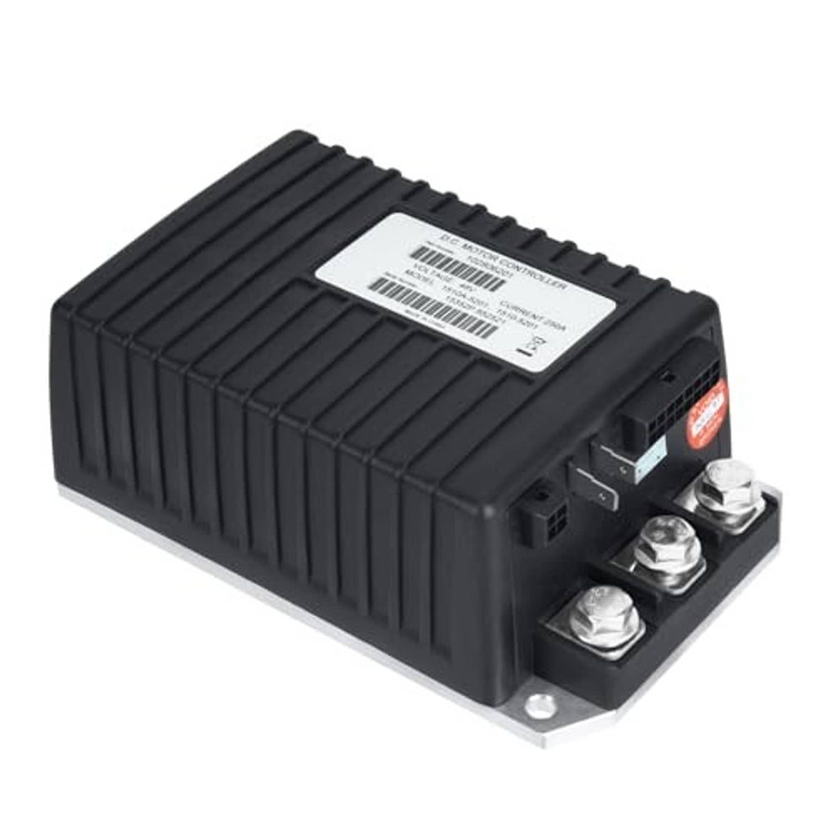 Black DC motor controller with top label and three screw terminals on side bracket