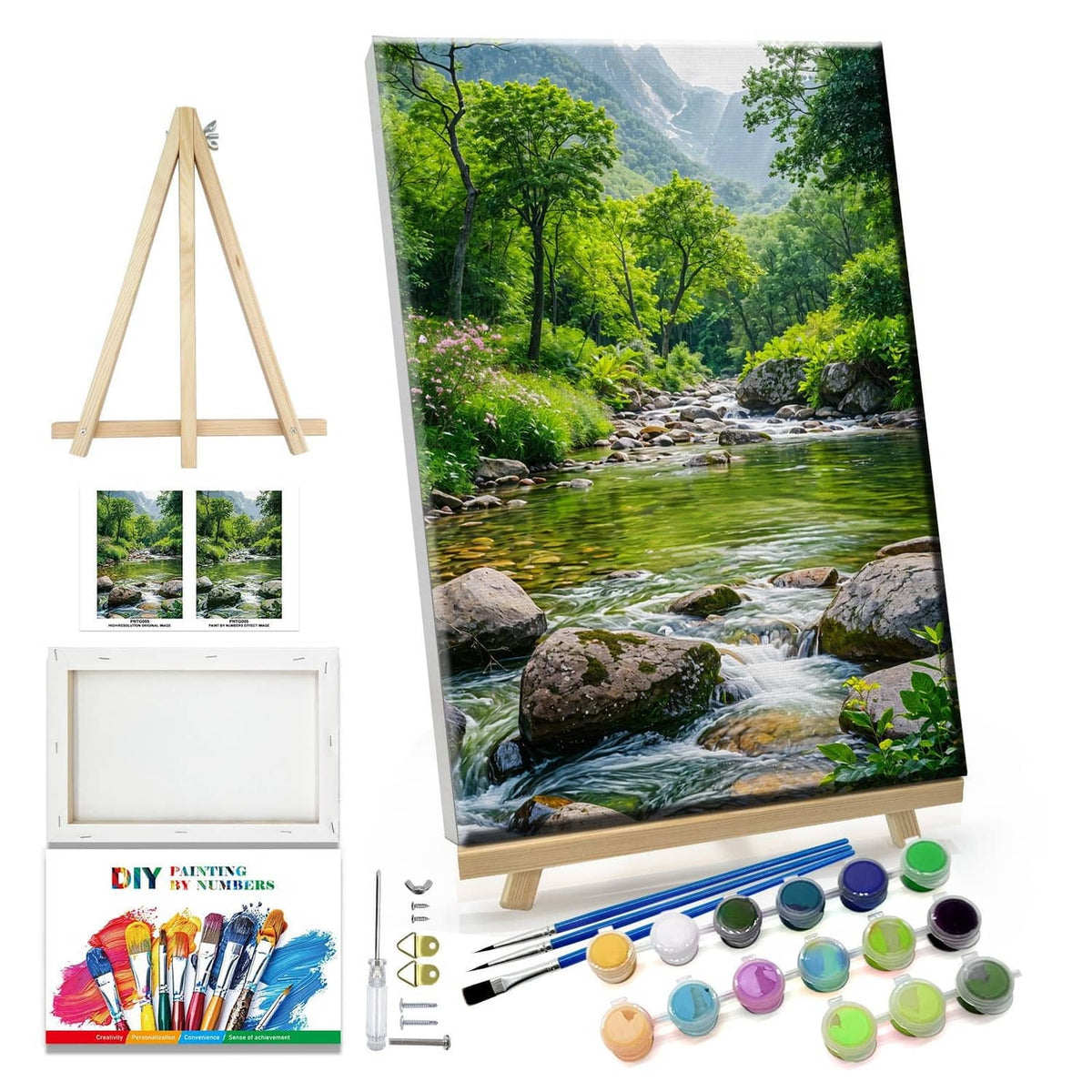 Landscape paint-by-number kit contents: easel, canvas, brushes, and paint pots
