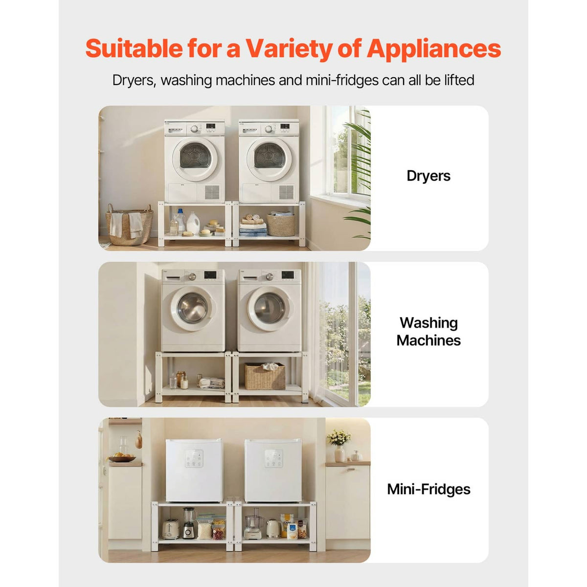 White appliance lift pedestal base with open shelves for washer and dryer storage