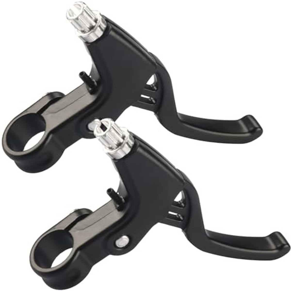 Black V-brake brake lever set with silver cable adjusters, dual lever design.