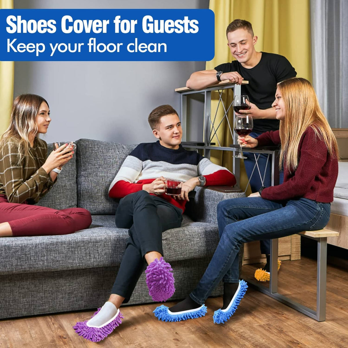 Purple and blue mop slippers with fuzzy microfiber fringes over shoe covers