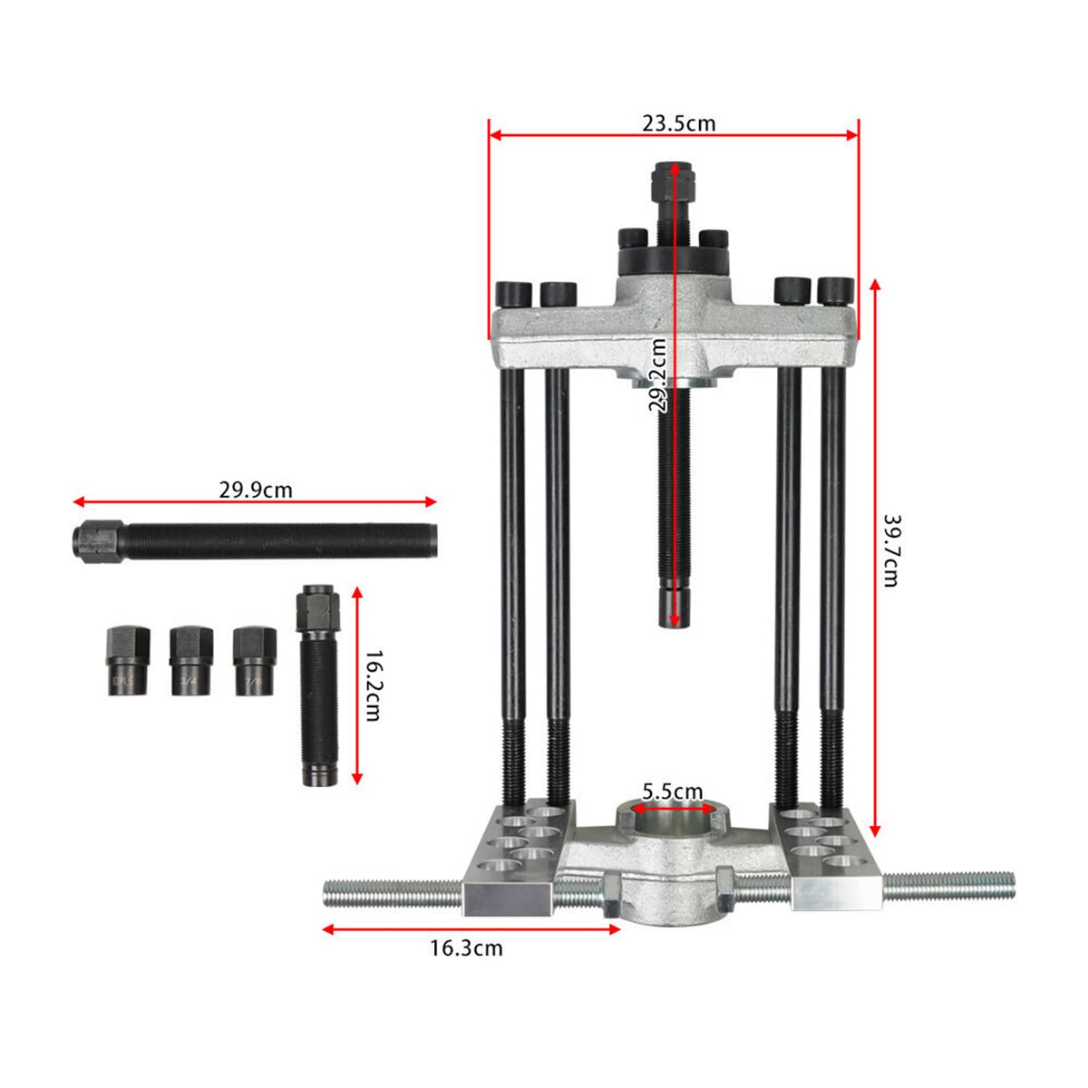 King pin press removal tool dimensions diagram with key parts and measurement labels