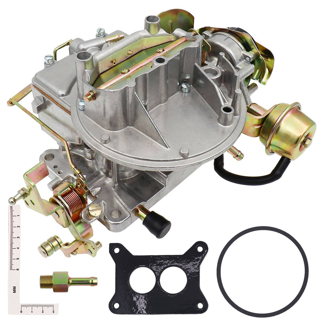 Two-barrel carburetor with silver body, fuel bowl components, and included gasket