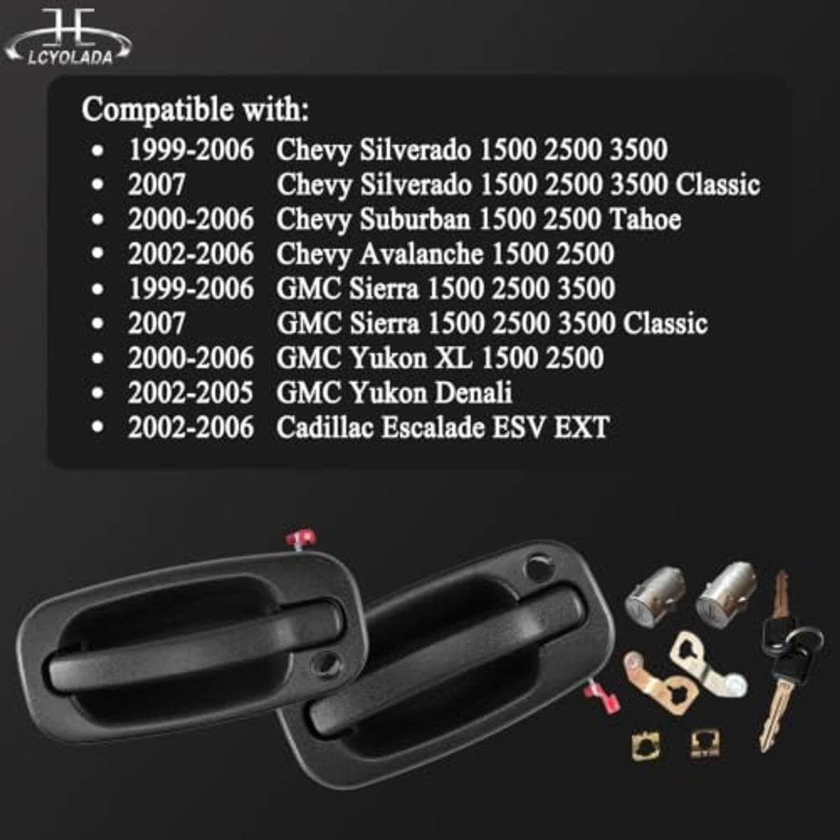 Front exterior door handle with lock, black, shown with mounting hardware and keys