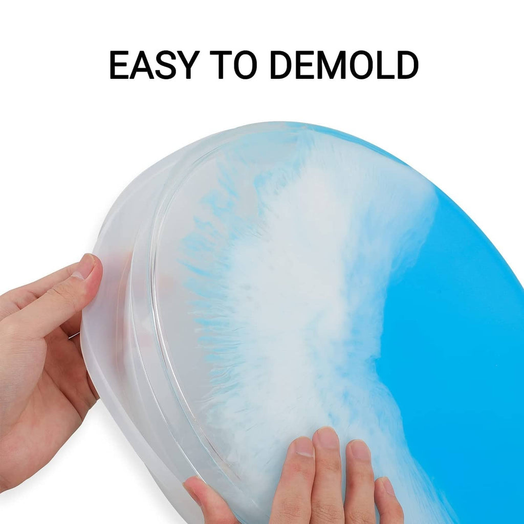 Round resin tray mold with removable clear top, blue and white marbled effect