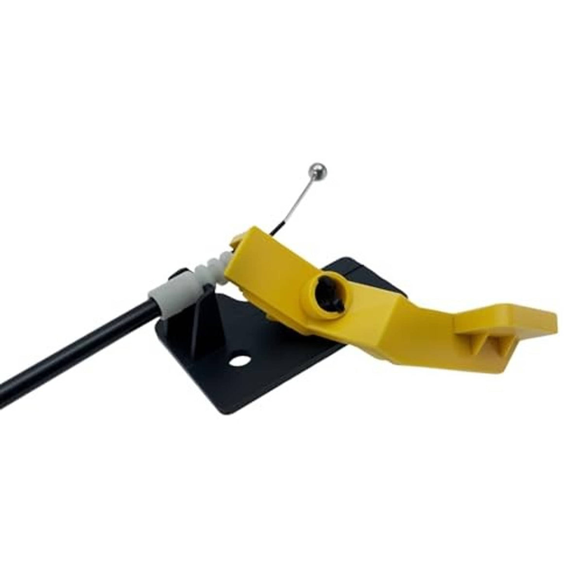 Hood latch release cable with yellow latch lever and black mounting plate