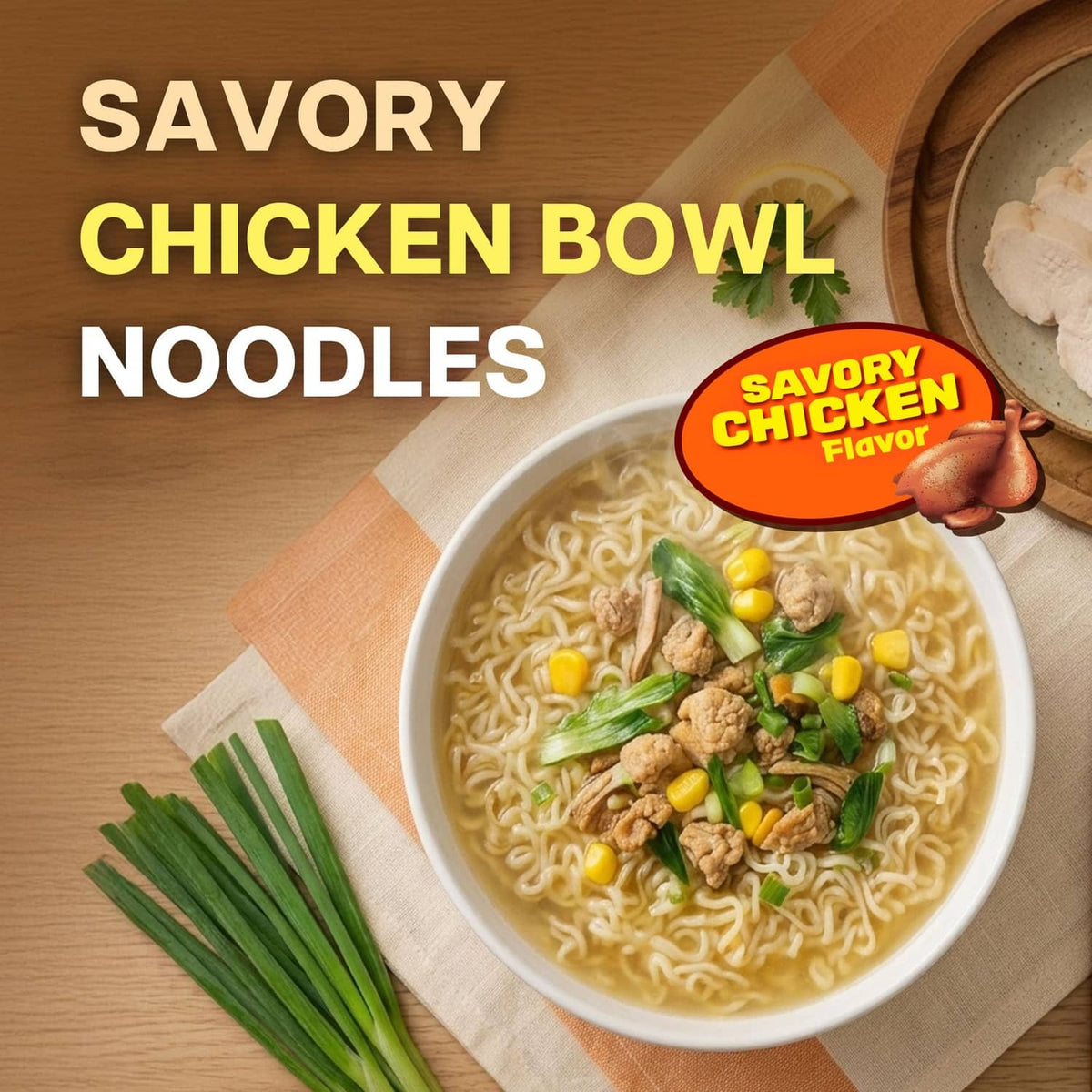 White bowl of savory chicken noodle soup with chicken, corn, and scallions