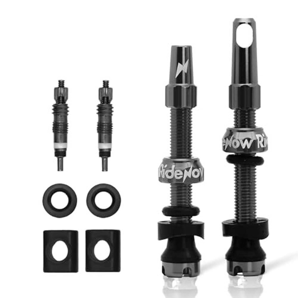 Tubeless Presta valve stems set with two gray stems and black rubber mount grommets