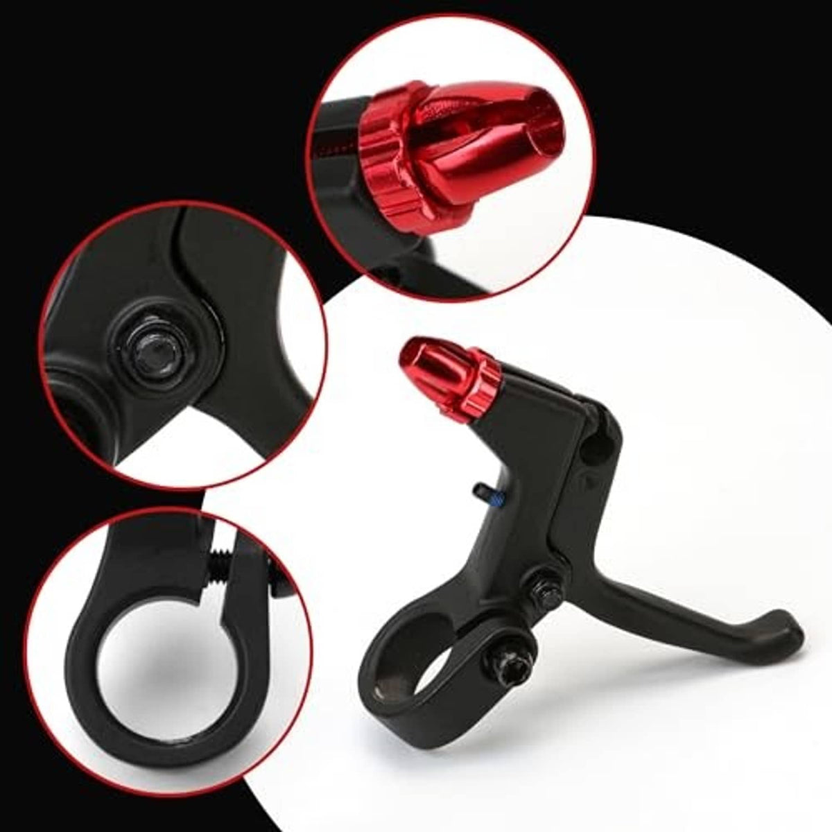Close-up bicycle brake lever with red aluminum end and black clamp mount