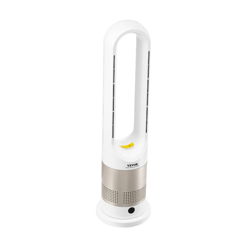 Uimoso bladeless tower fan heater angled view with mesh vent grille