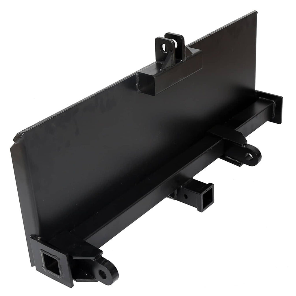 Black steel attachment adapter hitch, end view with reinforced corners and mounting holes