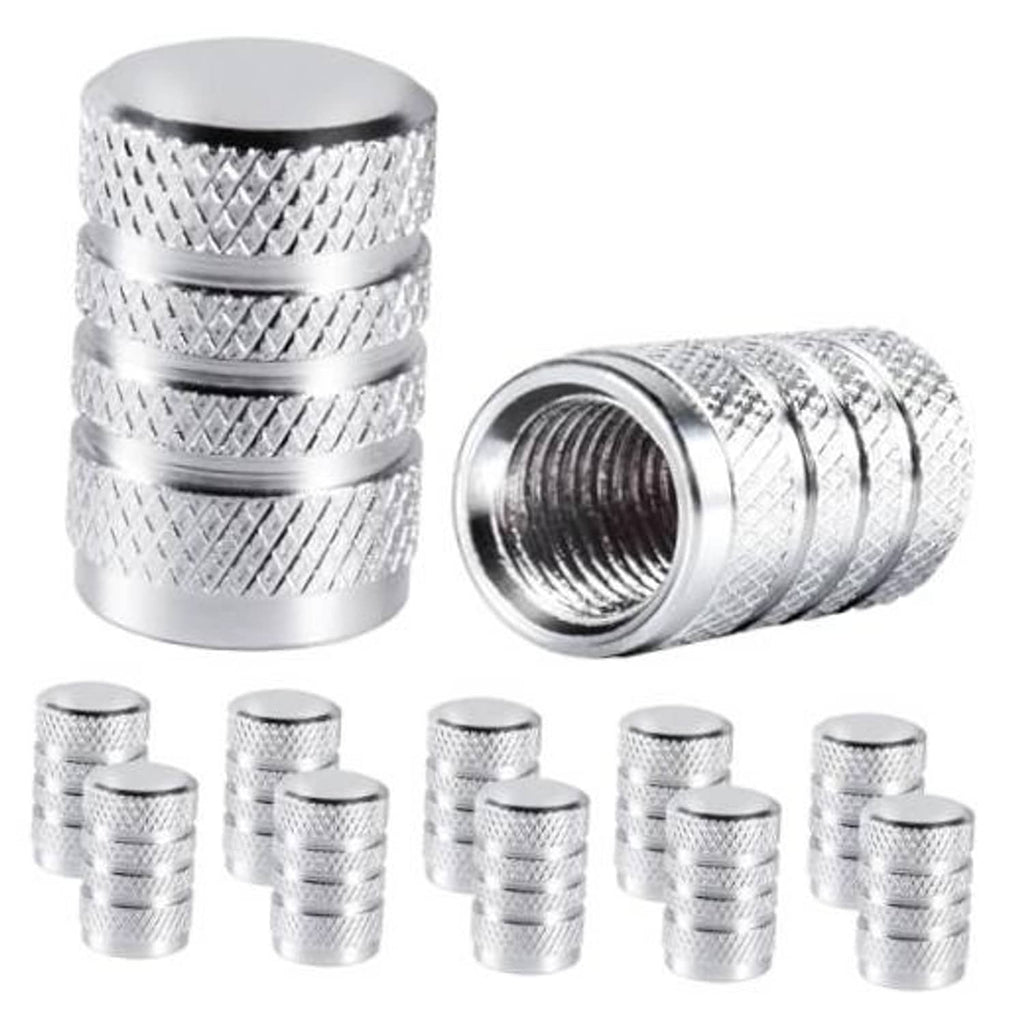 Silver anodized tire valve stem caps, knurled metal covers with sealing ring, 10-pack