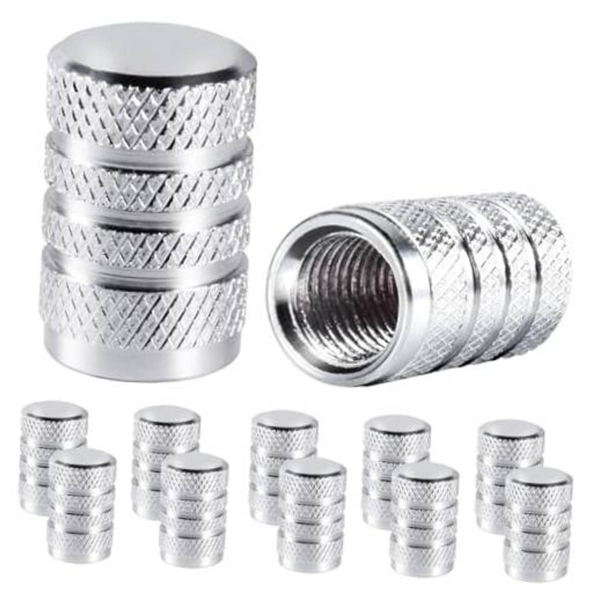 Silver anodized tire valve stem caps, knurled metal covers with sealing ring, 10-pack