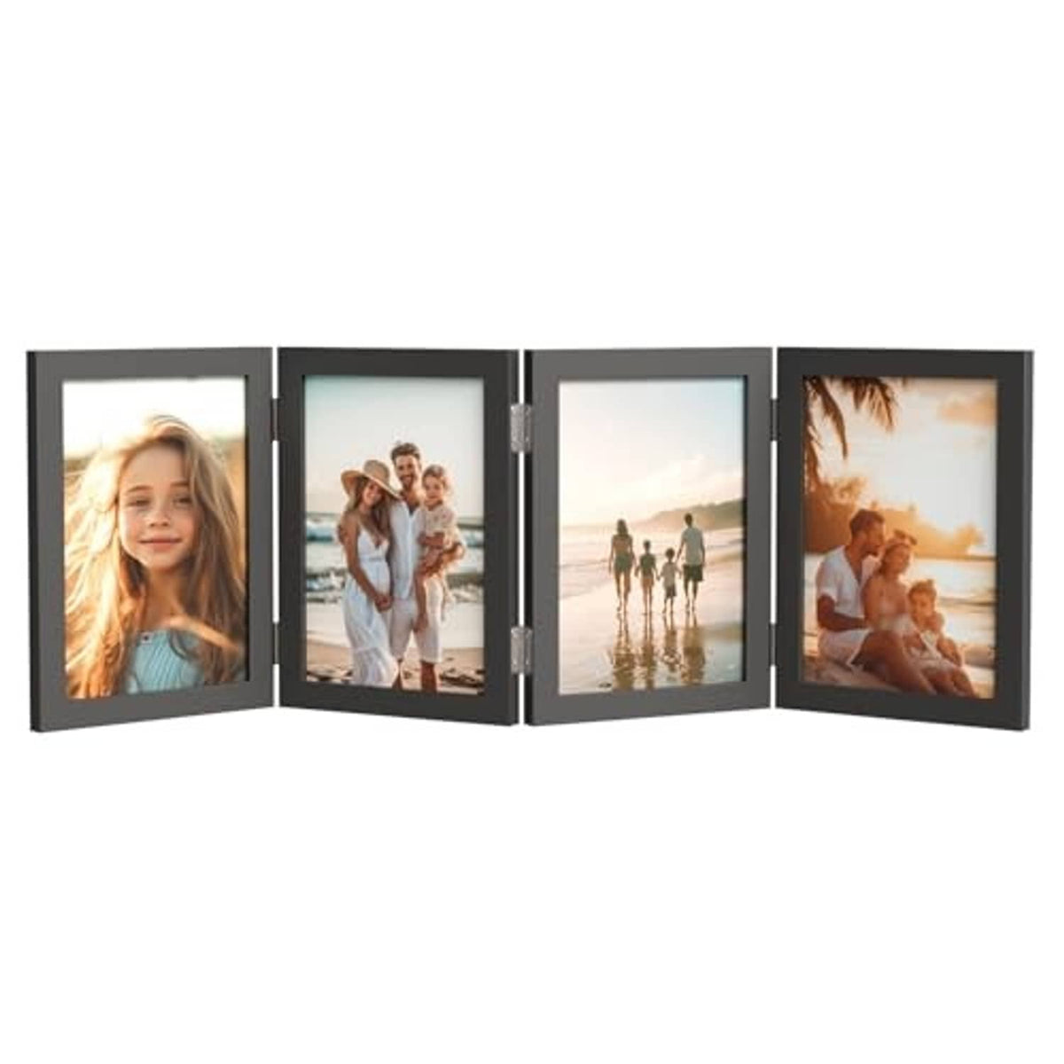 Black 4-photo folding picture frame, hinged panels open, showing four 4x6 photos