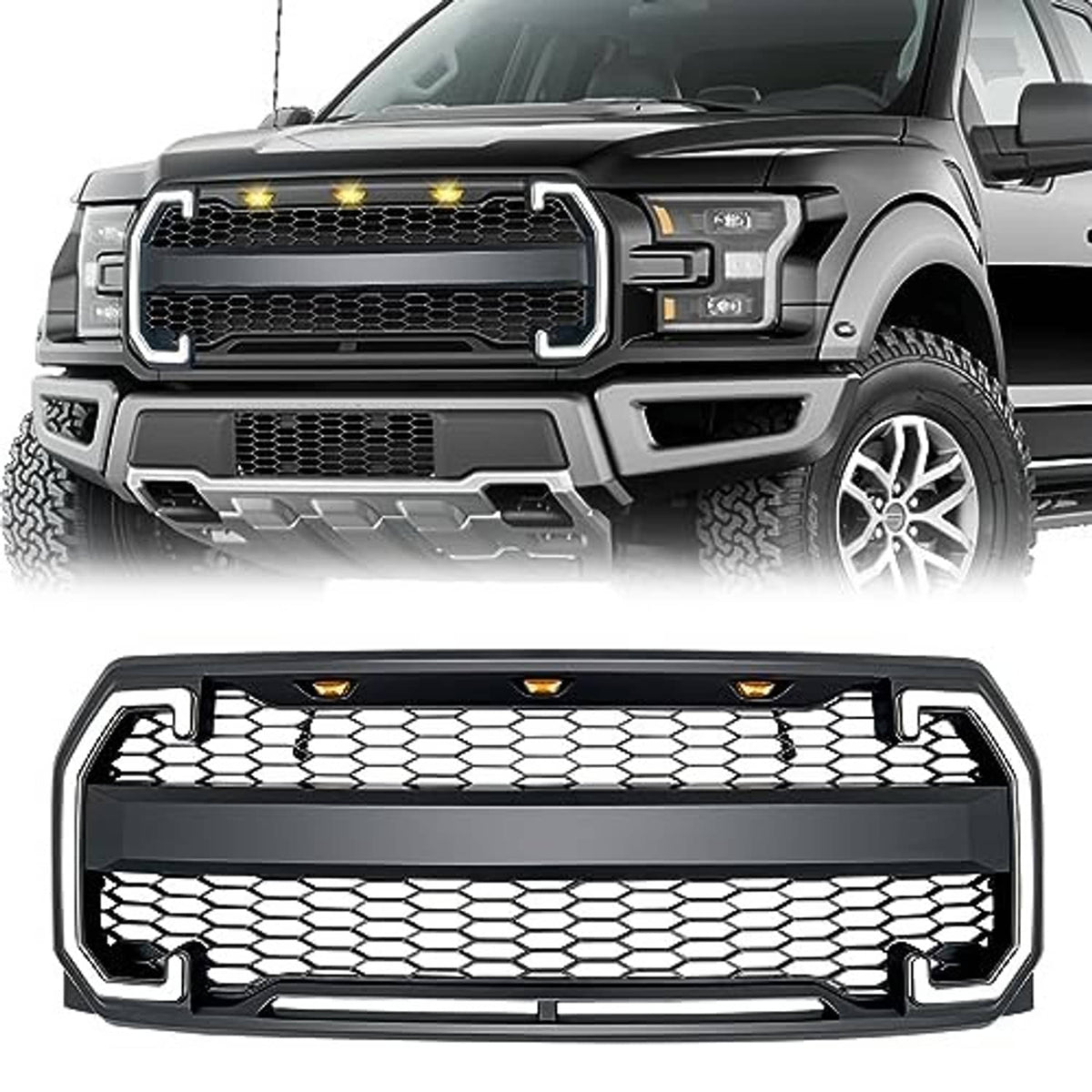 Pickup front grille with black mesh insert and glowing amber LED light bars, wide close-up
