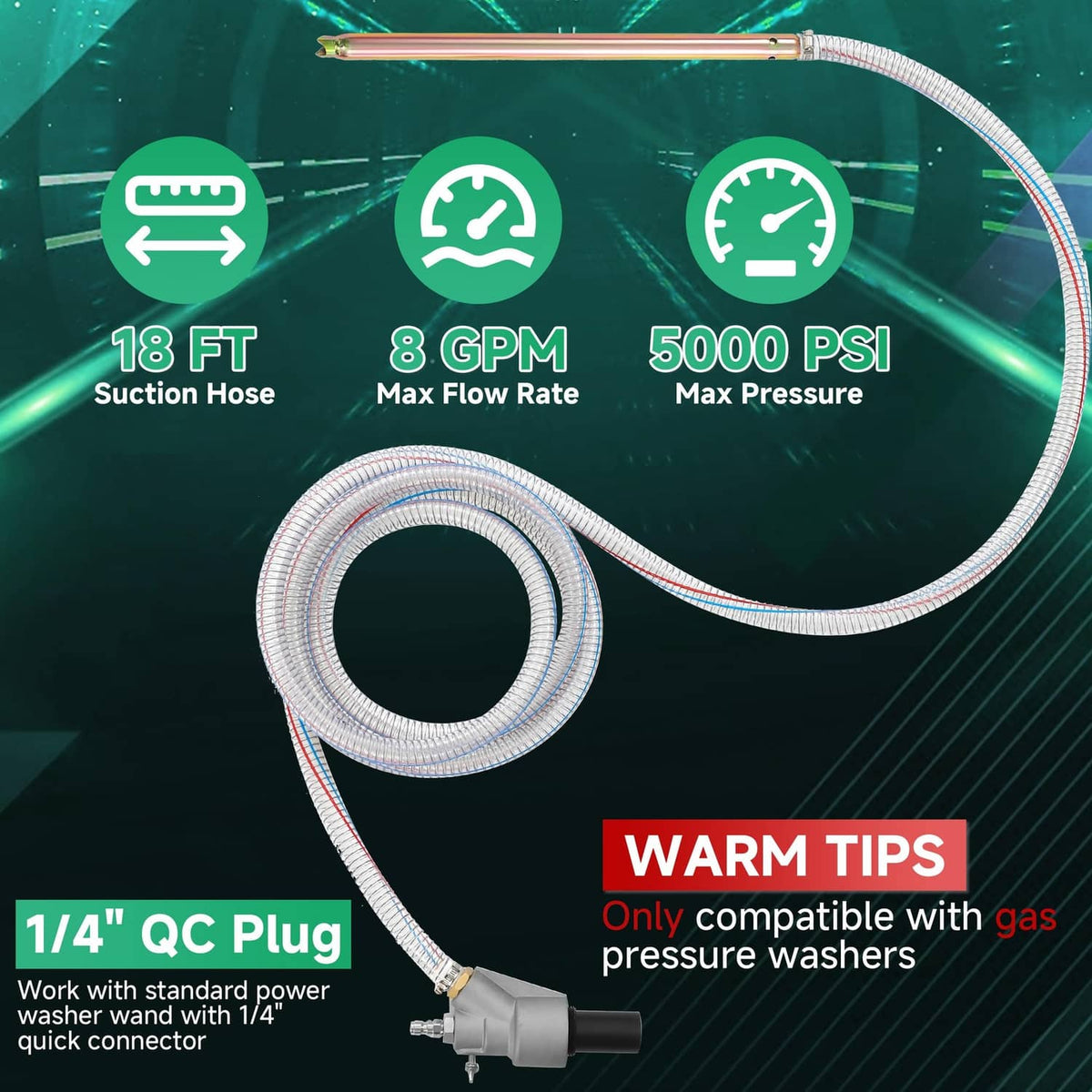 Coiled sandblasting suction hose with QC plug and gray pressure-washer adapter