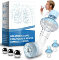 Portable breathing exercise device with blue mouthpiece, clear chamber, and metal balls