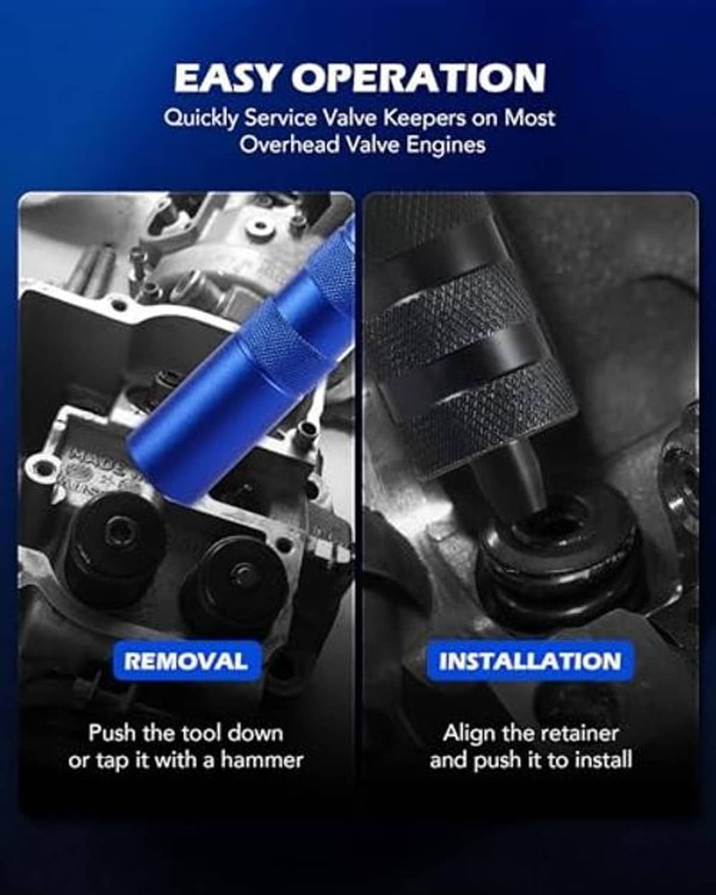 Blue valve keeper remover and installer tools with textured grips and black shafts