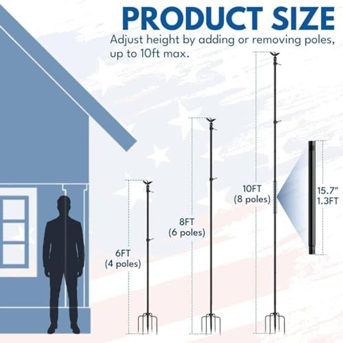 Adjustable black in-ground flagpole poles, height configurations up to 10 ft