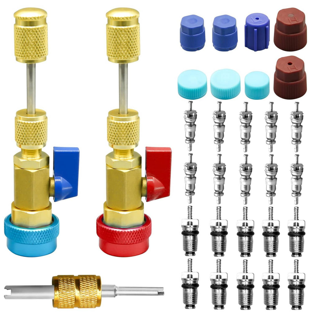 Brass R134a valve core remover tool set with blue and red valve caps and adapters