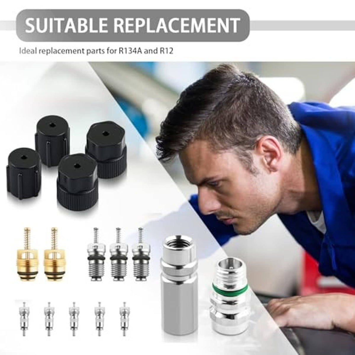 Car A/C valve core tool kit replacement set with black caps, valve cores, and silver fittings