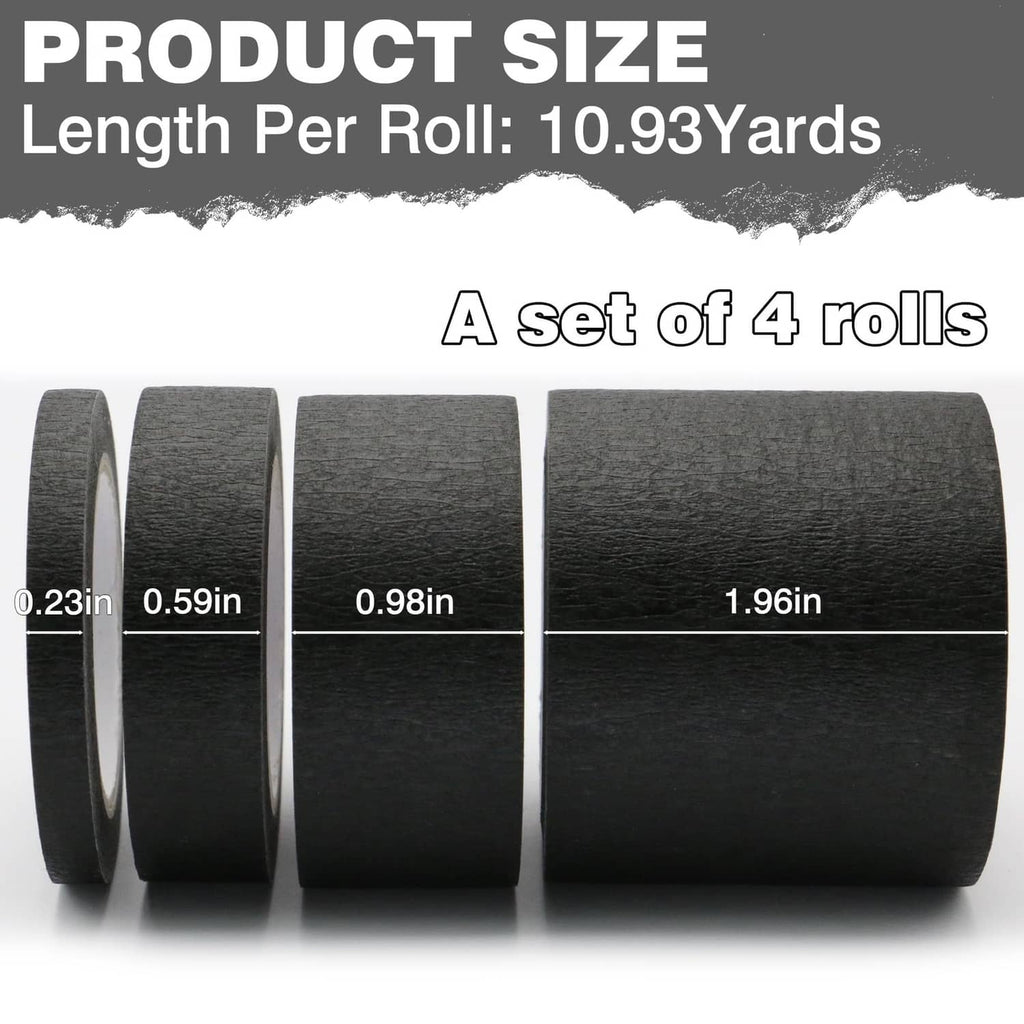 Black masking tape set of four rolls, wide and narrow widths shown
