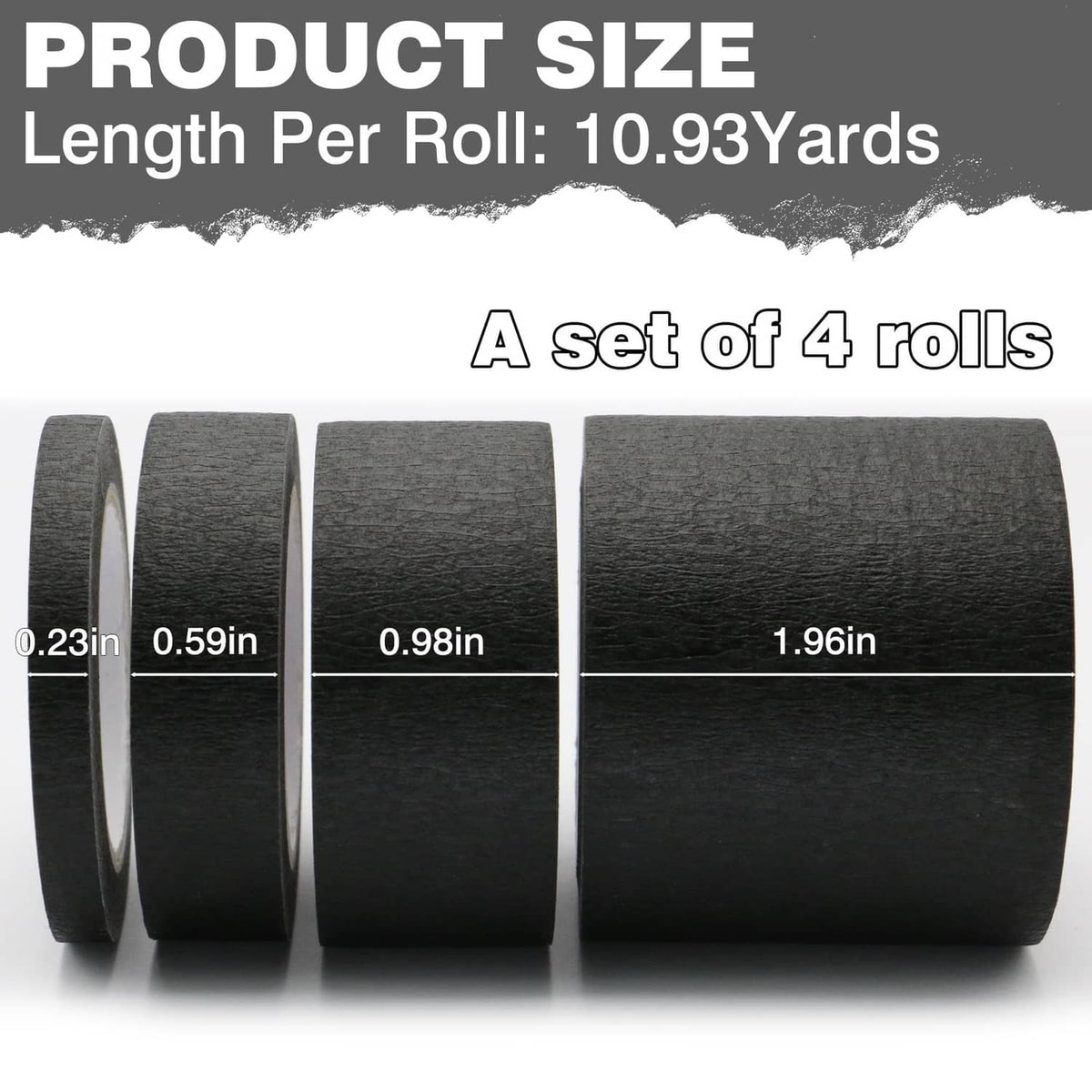 Black masking tape set of four rolls, wide and narrow widths shown