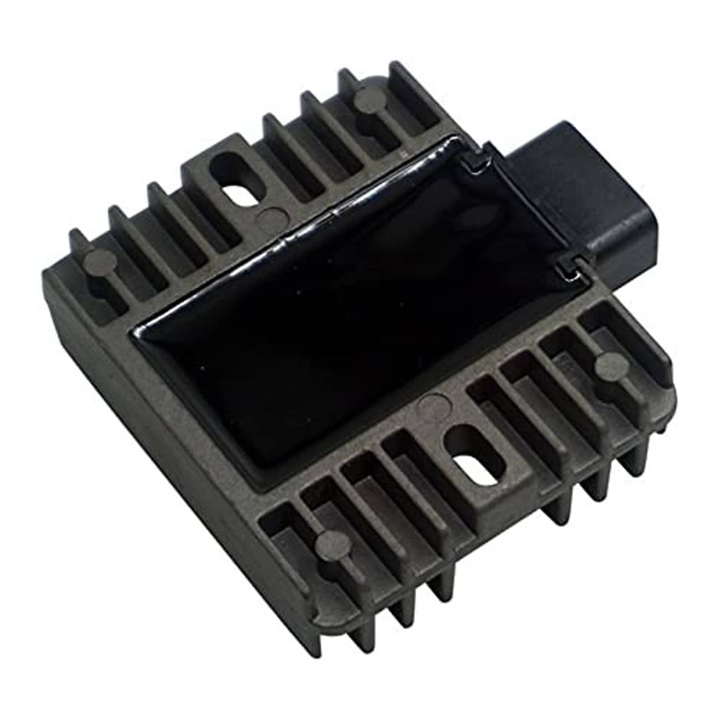 Voltage regulator rectifier with open top label area and black electrical socket