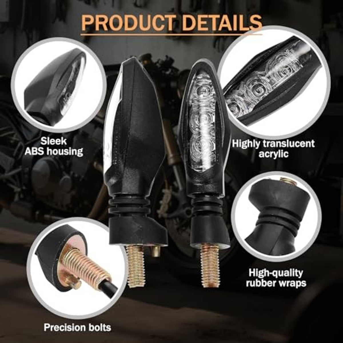 LED motorcycle turn signal design with translucent acrylic lens, rubber wraps, and bolts