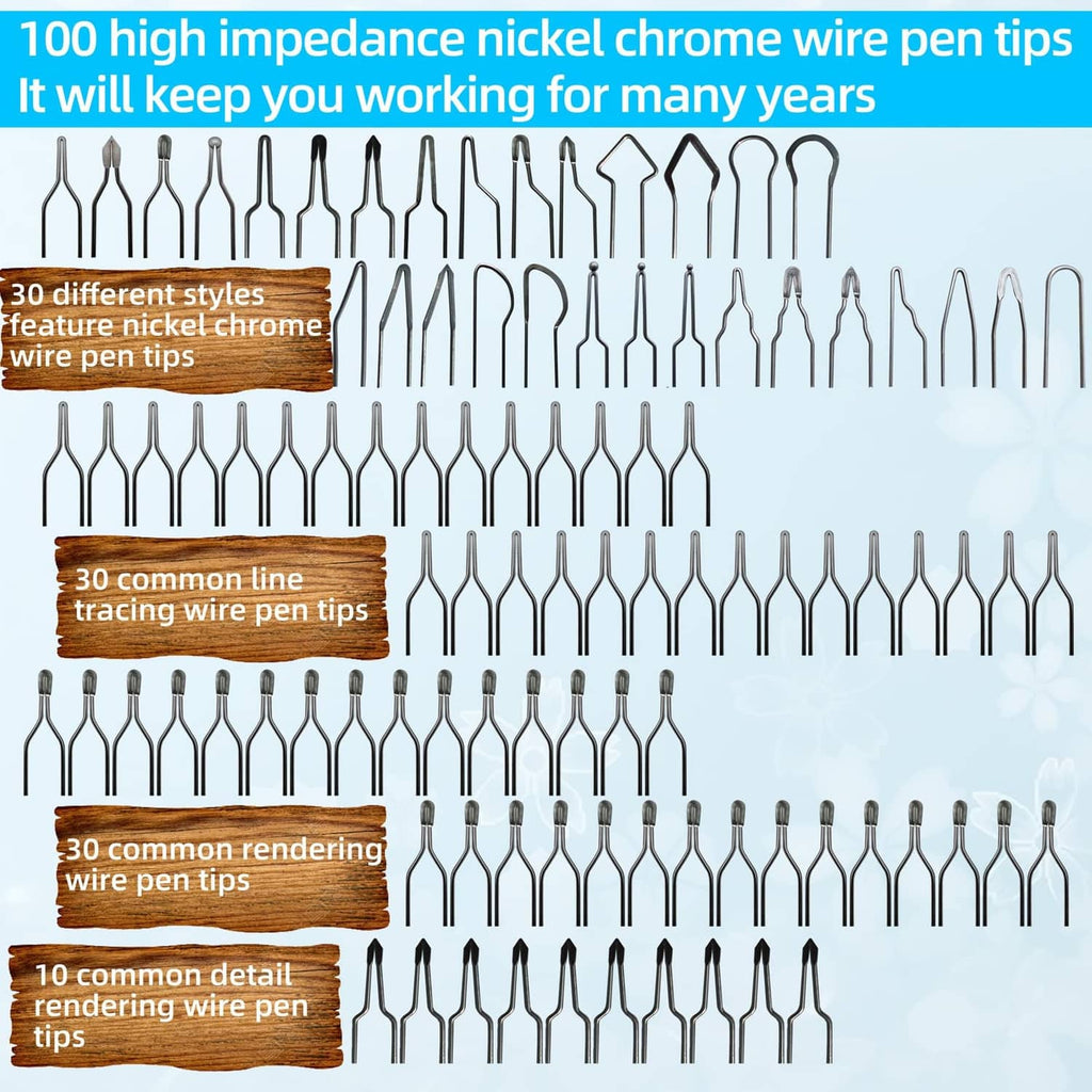 100 high impedance nickel-chrome wire pen tips in assorted styles for wood burning